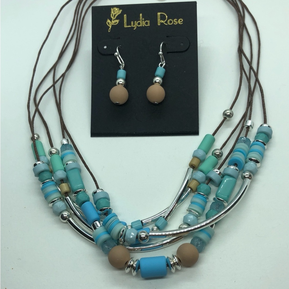 Turquoise & Tan Beaded Necklace and Earring Set